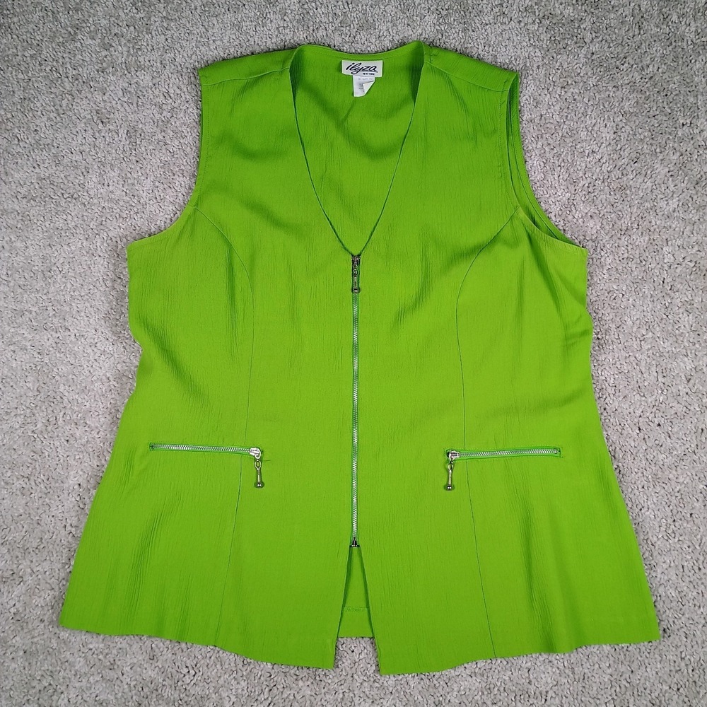 Ilyza New York Lime Green Textured Crepe Zip Front Vest Women L‎ USA Rayon Blend